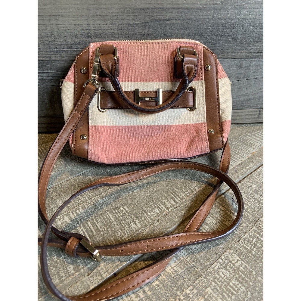 Tommy Hilfiger Crossbody Handbag Nautical‎ Pink White Stripe Canvas Leather Trim
